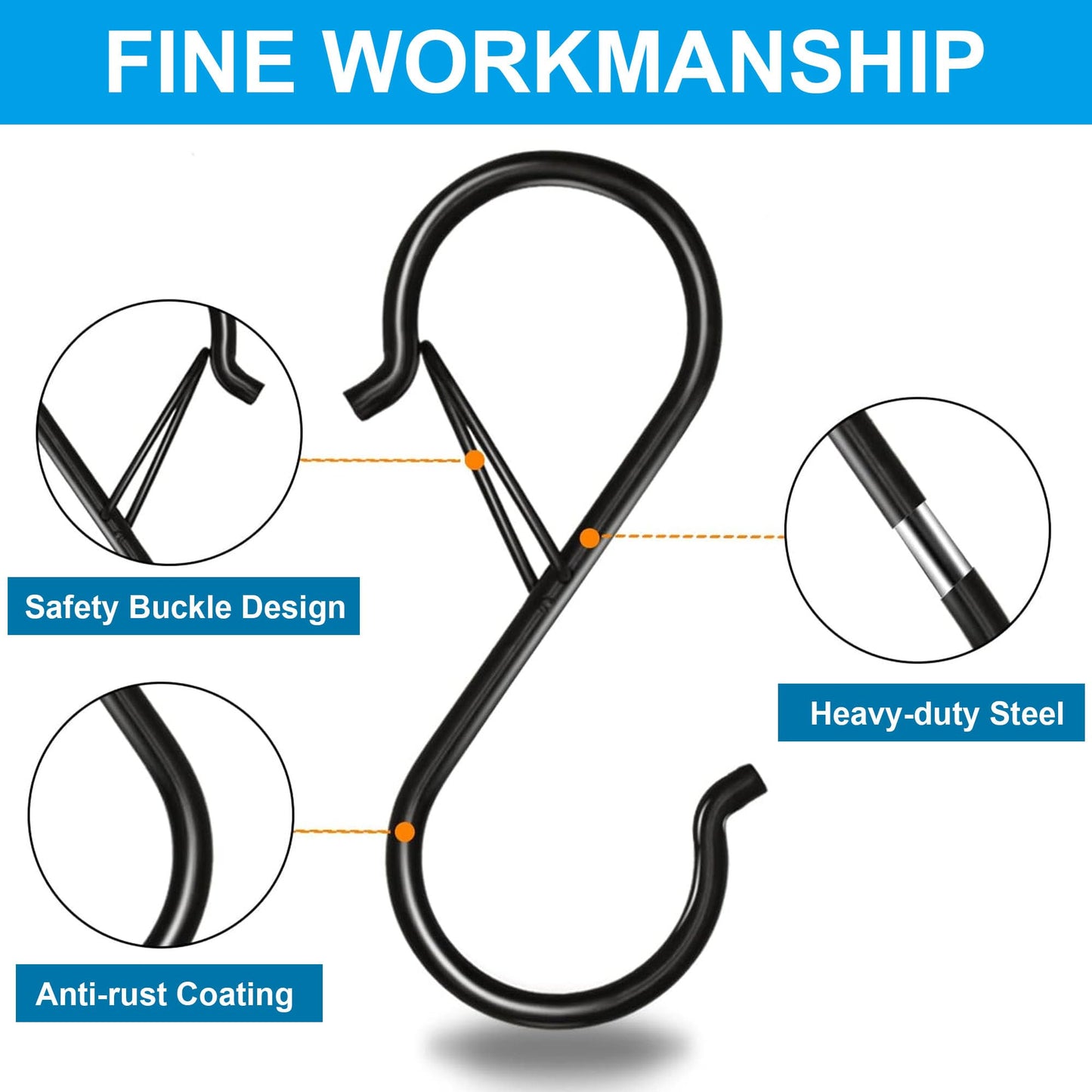 6Pcs S Hooks for Hanging Heavy Duty, 3.5-inch Heavy Duty Metal S Hook, 0.5-inch Safety Buckle, Hanging Plants, Kitchen Utensil, Pot, Pan, Bags
