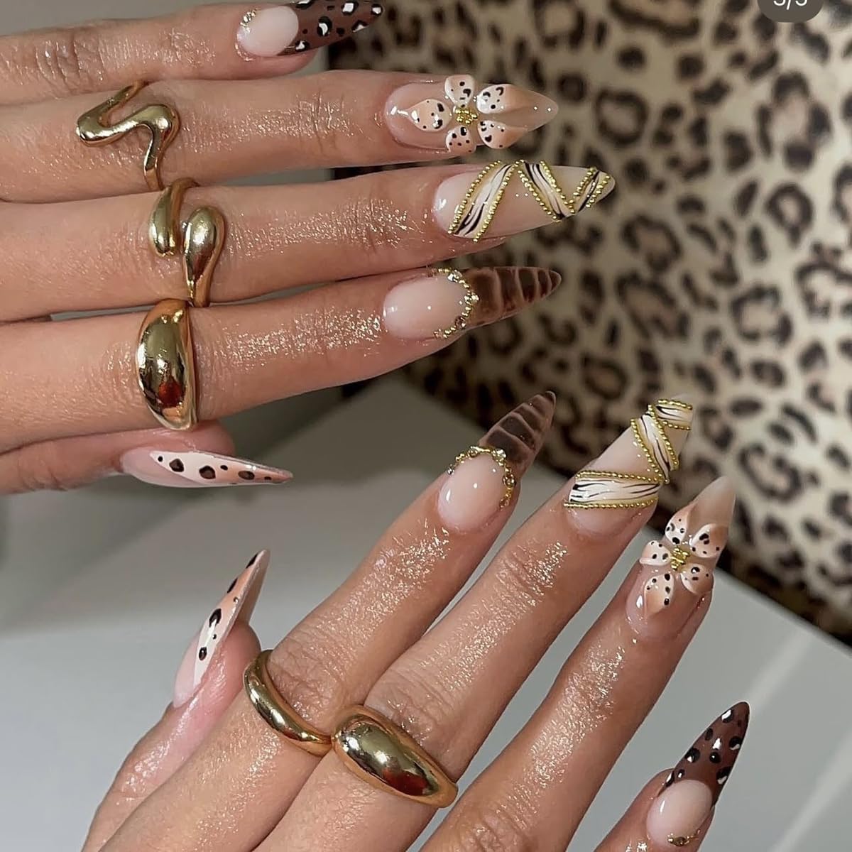 French Tip Almond Press-On Nails - Cat's Eye Acrylic with 3D Charms | 24 Pcs Set