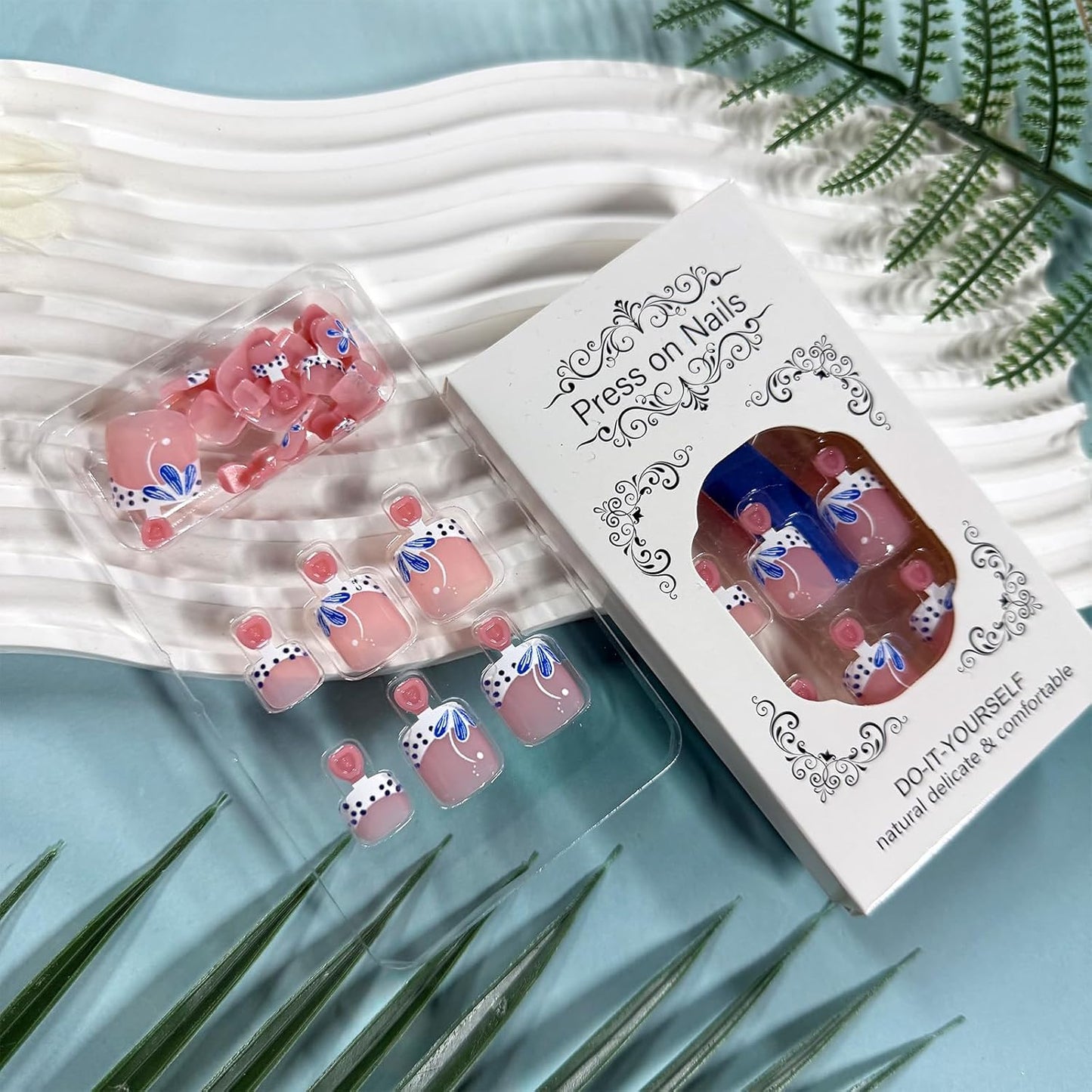 Polka Dot Press-On Toenails - Short Square Acrylic Fake Nails with Blue Flower Design | 24 Pcs for Summer Manicure