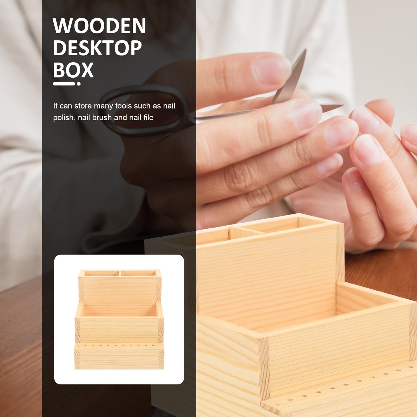 Beavorty Nail Tool Organizer Wooden Desktop Storage Box 4.84X4.52X3.93In Manicure Drill Bit Holder and Makeup Brush Container for Office and Home