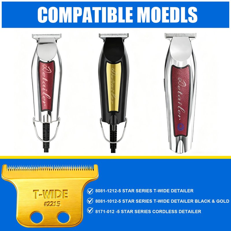 2215 Replacement T Wide Blades Compatible with Wahl 5 Star Detailer Li Trimmer(8081) and (8171) - Adjustable Stainless-steel Zero-Gap Trimmer Blade ((1PC-Gold)
