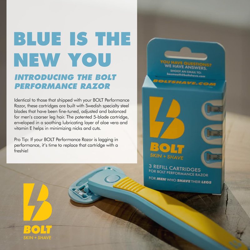 Bolt Skin + Shave - Cartridge Refill Box -5-Blade Replacements for BOLT Razor - Swedish Steel with Aloe Vera and Vitamin E for Coarse Hair -Pack of 3