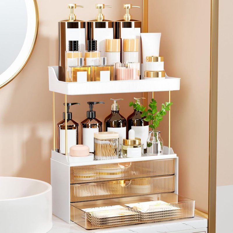 Makeup Organizer with 3 Large Drawers - 5 Tier Bathroom Storage & Versatile Vanity Organizer | Ideal for Cosmetics, Skincare, Face Masks, Amber