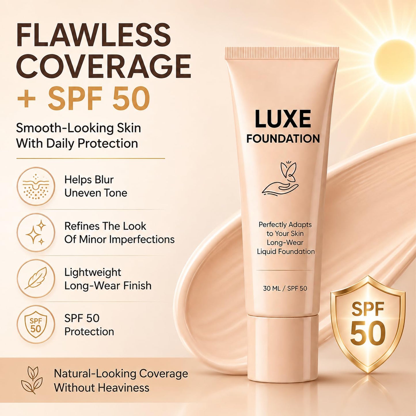 Luxe Foundation for Women, Color Changing Foundation, Hyaluronic Acid & Vitamin E, Creates Flawless Skin, Deep Hydration & Refines Pores for Natural Glow 30 ML
