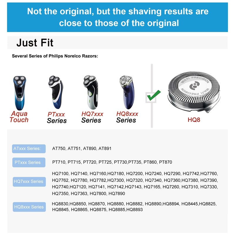 HQ8 Replacement Heads Compatible With Philips Norelco Aquatec Shaver, HQ8 Blades for Philips Norelco Razor PT720 AT880 AT810, 6-pc pack