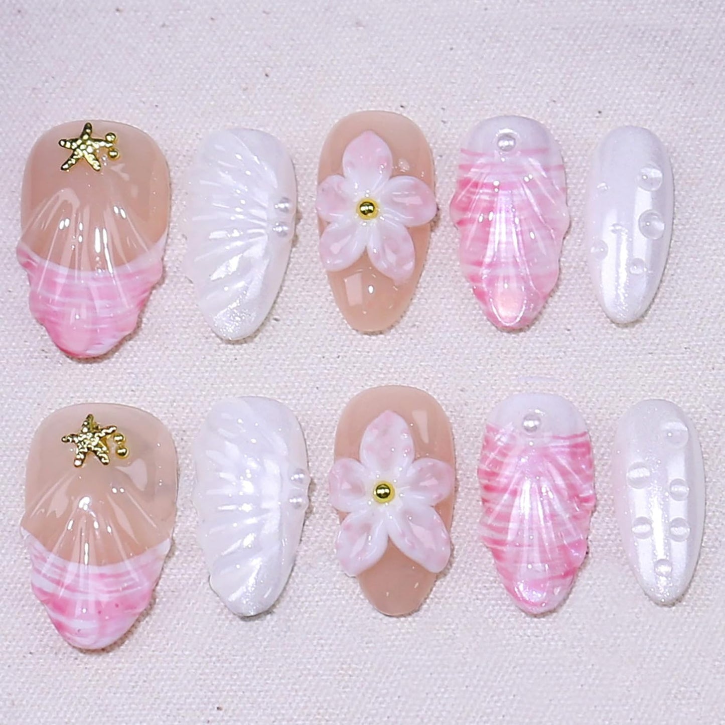 Flower Press-On Nails - 10 Pcs Short Almond Style with Gold Shell & Starfish Rhinestones | Reusable Cute Handmade Acrylic Nails for Women & Girls
