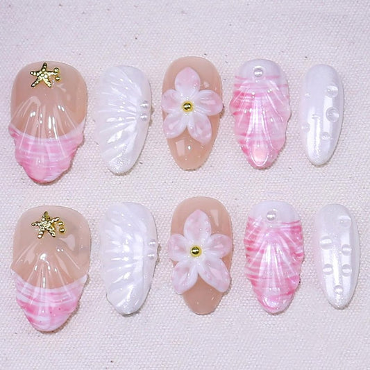 Flower Press-On Nails - 10 Pcs Short Almond Style with Gold Shell & Starfish Rhinestones | Reusable Cute Handmade Acrylic Nails for Women & Girls