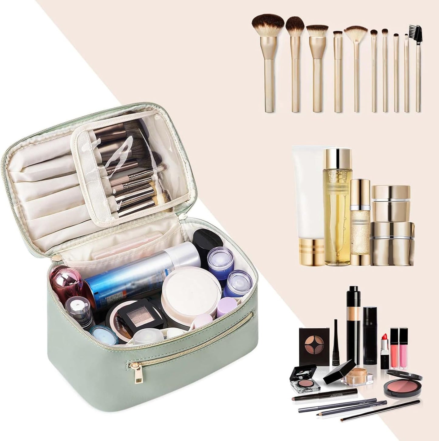 Makeup Bag - Travel Cosmetic Organizer in Vegan Leather | Sage Green, Stylish & Functional