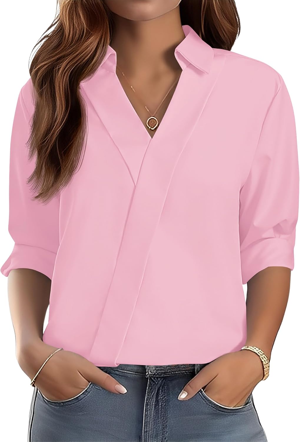 3/4 Length Sleeve Women's Dressy V-Neck Collared Tops - Trendy Business Casual Blouses for Work & Vacation