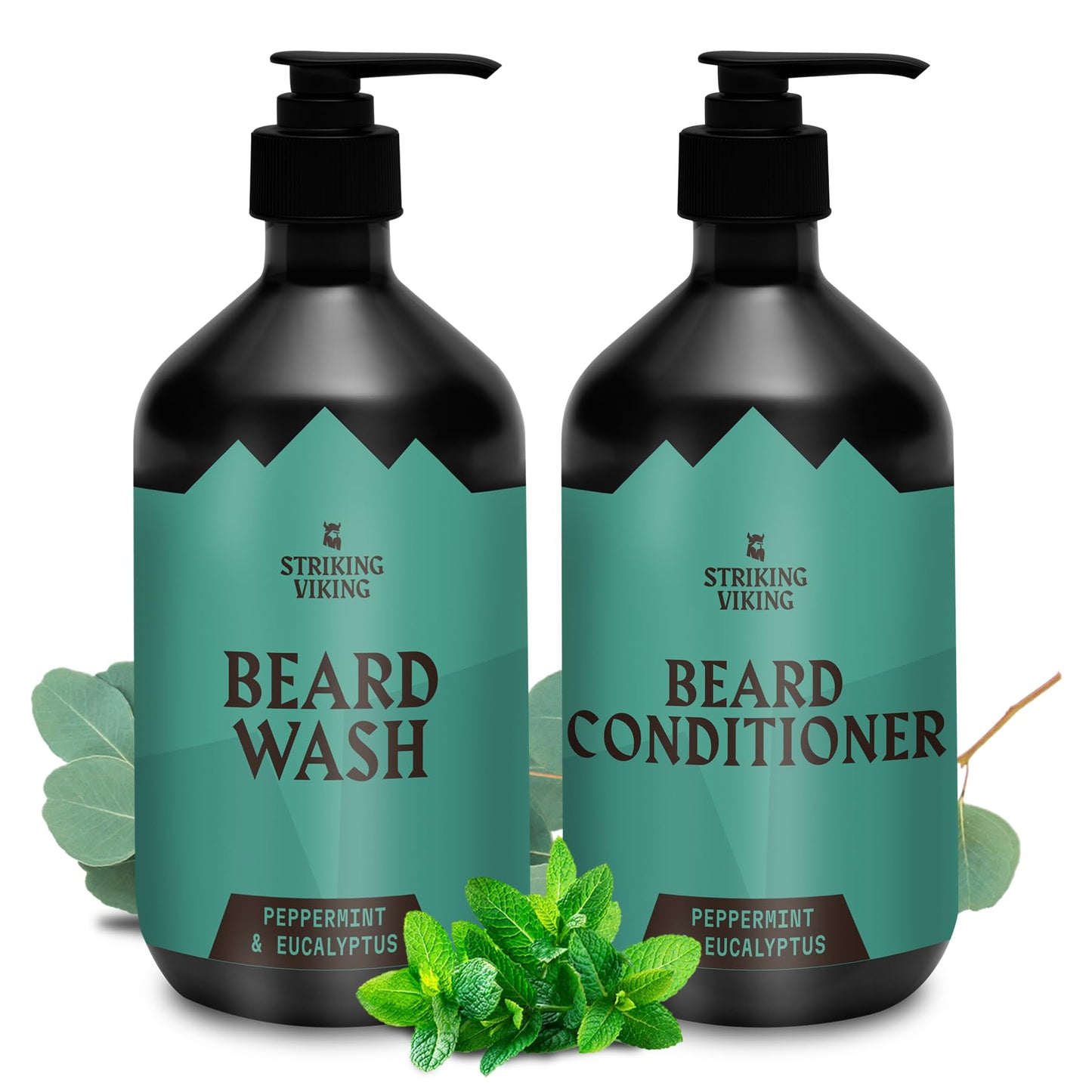 Striking Viking Beard Wash & Conditioner - 20 fl oz, Peppermint & Eucalyptus - Deep Clean & Itch Relief Beard Shampoo and Conditioner for Men - Hydrating Jojoba Facial Oil Treatment