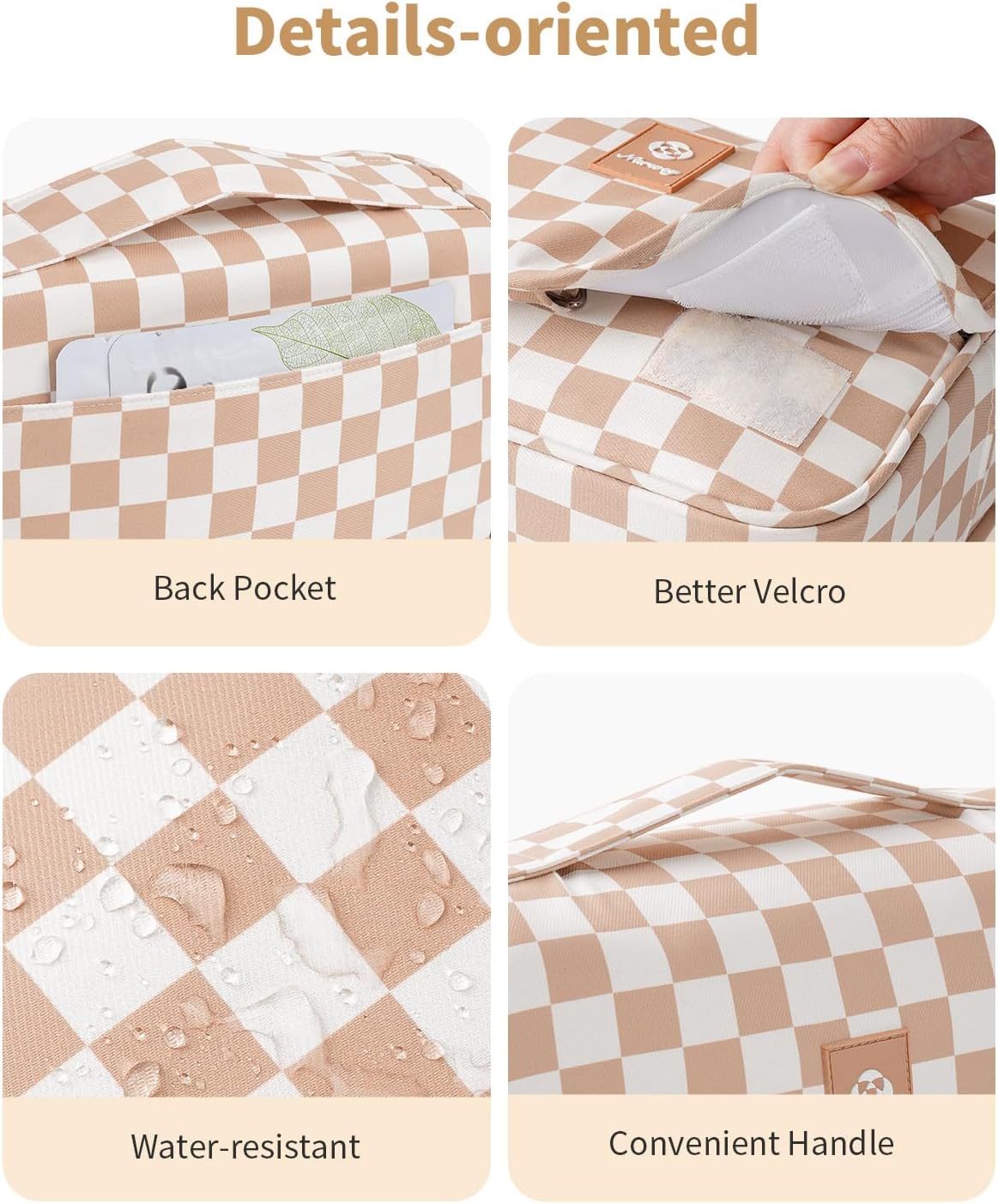 Travel Toiletry Bag - Small Hanging Makeup Organizer for Women | Light Brown Checkerboard Design