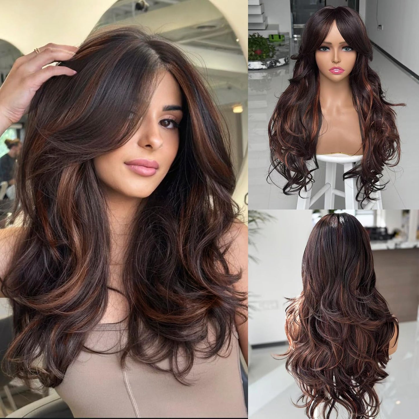 Long Black Wavy Wig for Women - Layered Synthetic Hair with Curtain Bangs | 24-Inch Natural Look