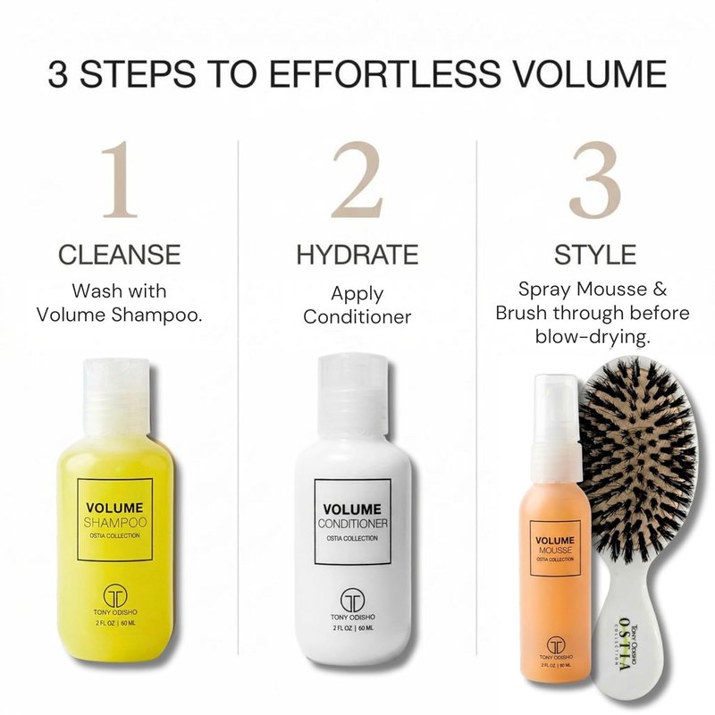 Volumizing Hair Care Kit - Mini Shampoo, Conditioner & Mousse for Fine Hair | Sulfate-Free Travel Set with Brush & Cosmetic Bag - 5 Pieces