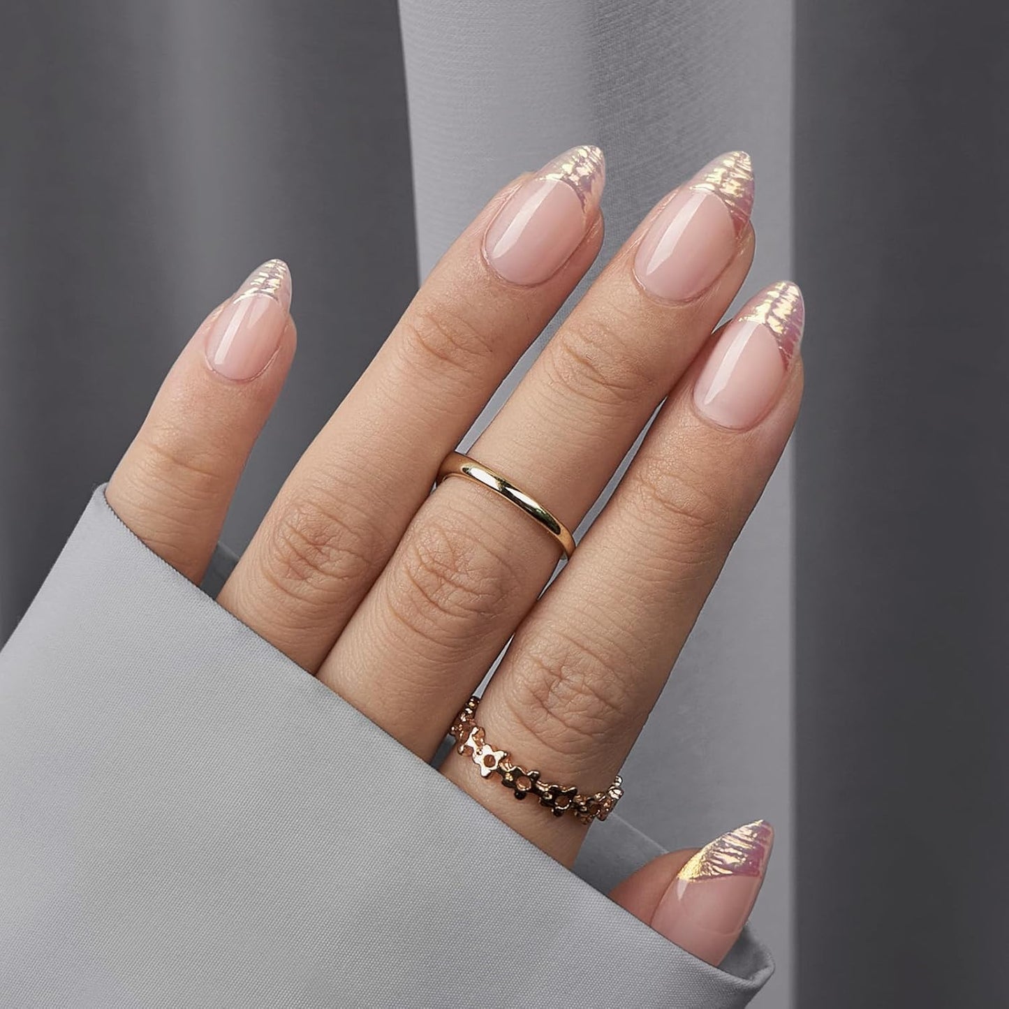 Short Almond Press On Nails - Aurora French Tip, 32 Piece Glue-On Nail Kit | Natural Look, 16 Sizes Available