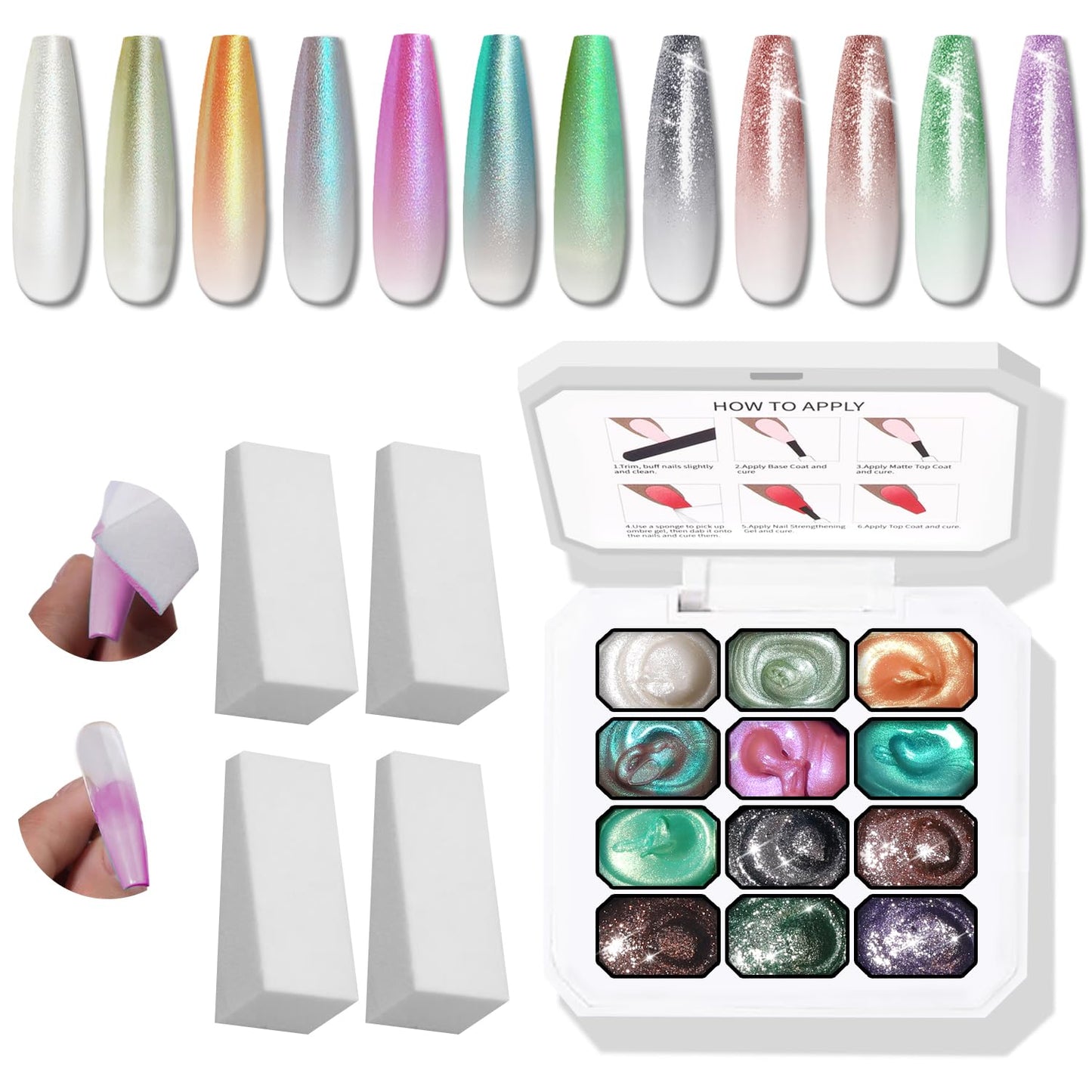 Sponge Pat Gel Nail Polish Palette - 12 Colors Ombre Gradient Art | No Wipe, UV/LED Cured