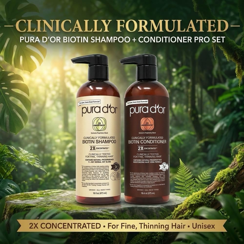 PURA D'OR Clinically Formulated Biotin Shampoo & Hair Regrowth Conditioner For Hair Thinning - 2X Concentrated Proprietary Thickening Blend For Women & Men, Sulfate Free, Botanical Zen Scent,16oz x2