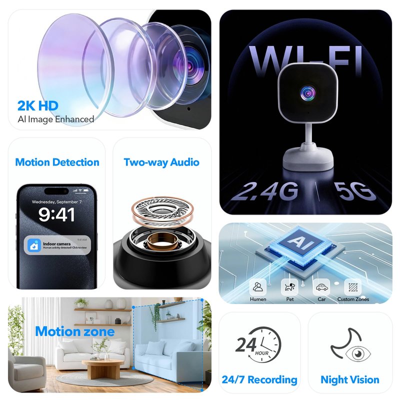 OZHGQ 2K Cameras for Home Security Dual-Band 5G/2.4GHz WiFi Indoor Camera Baby Monitor & Pet Camera for Dog Cat Elder AI Motion Detect 2-Way Audio Night Vision 24/7 Local Recording SD Cloud Storage