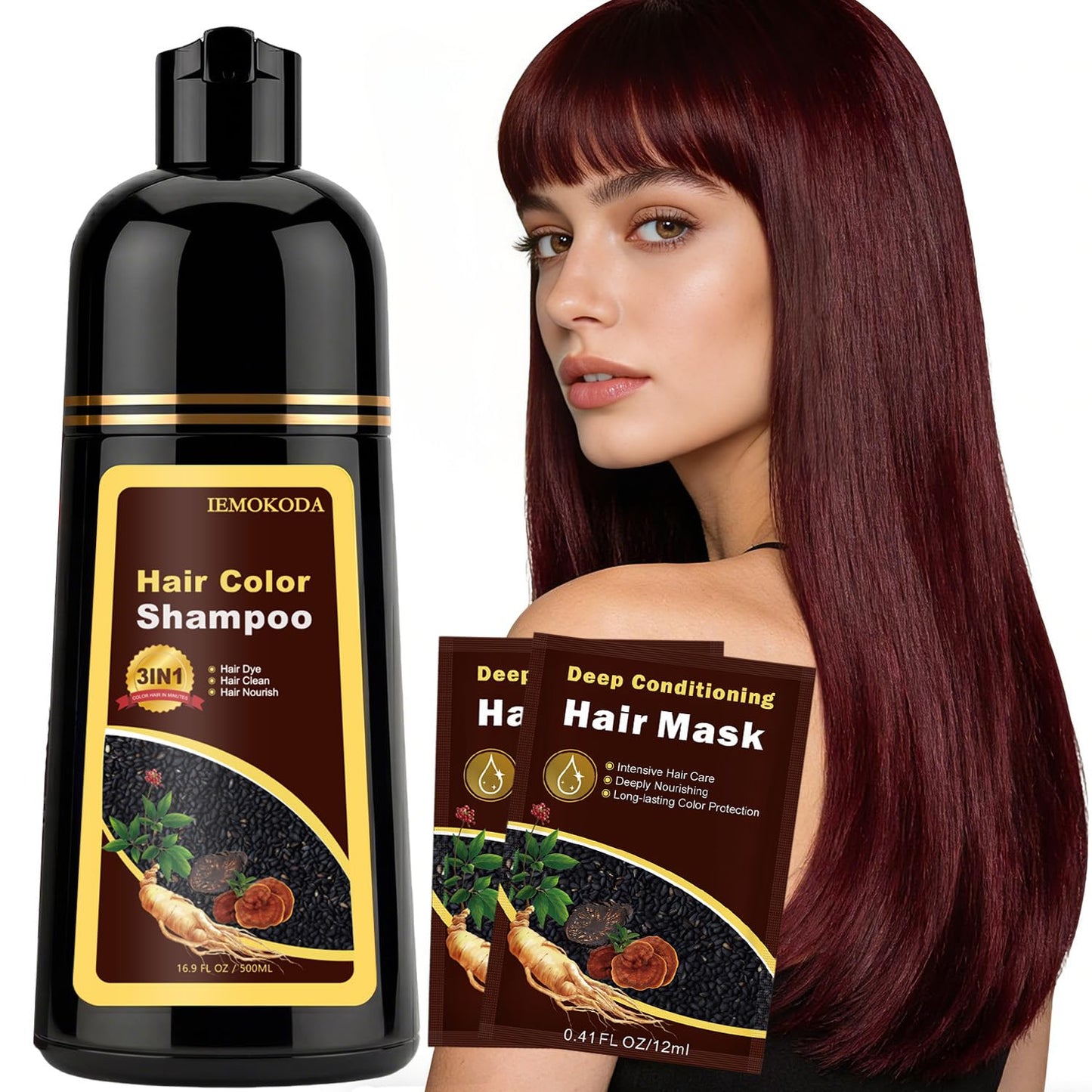 Instant Black Hair Dye Shampoo - 100% Gray Coverage | Herbal Formula, 3-in-1 Care, 500ML