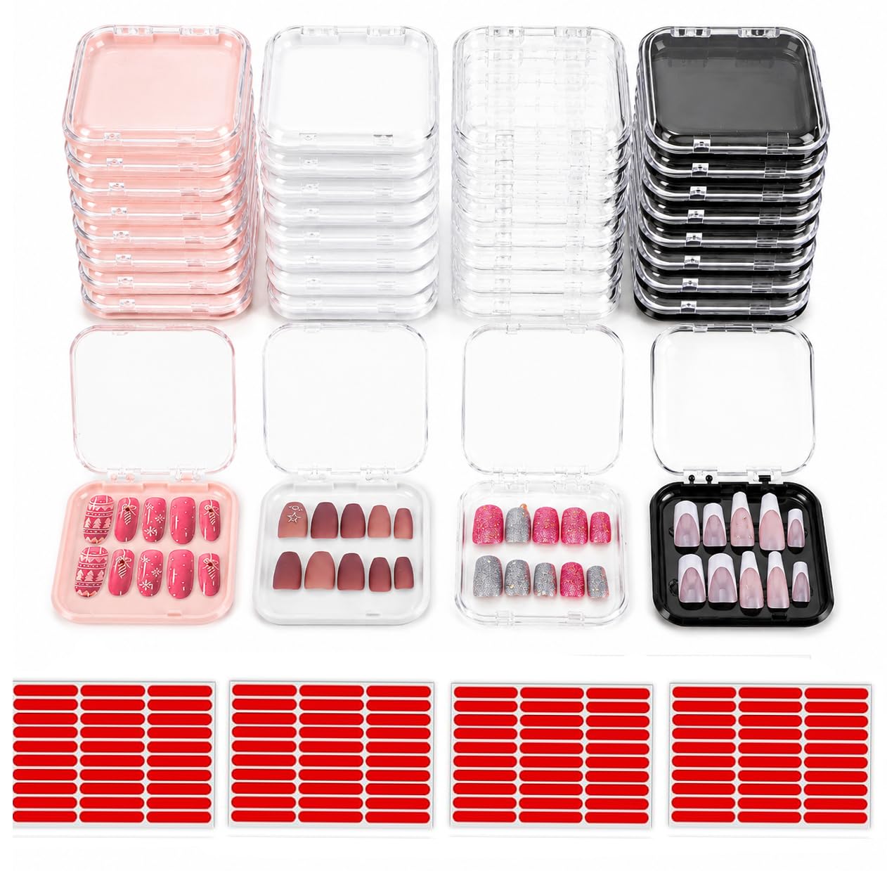 Jucoan 32 Pack Press on Nails Boxes, 2.75 x 2.75 Inch Press on Nail Display Case, Acrylic Fake Nails Storage Package Containers with 120 Adhesive Nail Tapes for Press on Nail Business Nail Art Salon