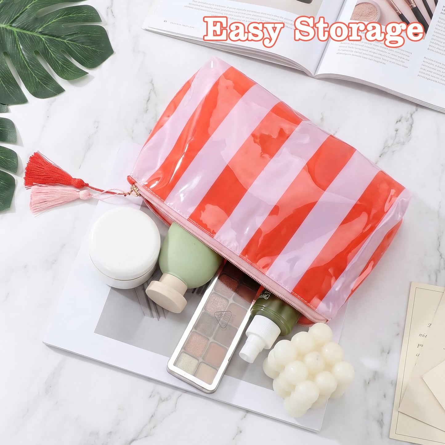 Yykazqe Striped Makeup Bag, PVC Waterproof Cosmetic Bag for Purse, Orange Travel Cosmetic Bags for Women