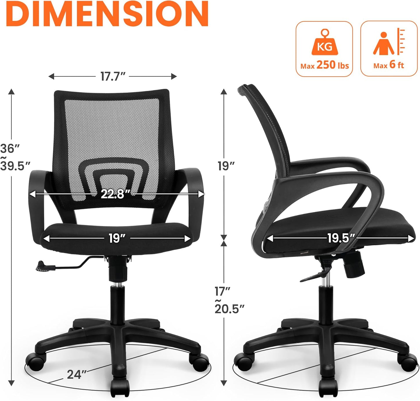 Ergonomic Office Desk Chair - Mesh Gaming Cushion Seat with Adjustable Height & Lumbar Support | Black
