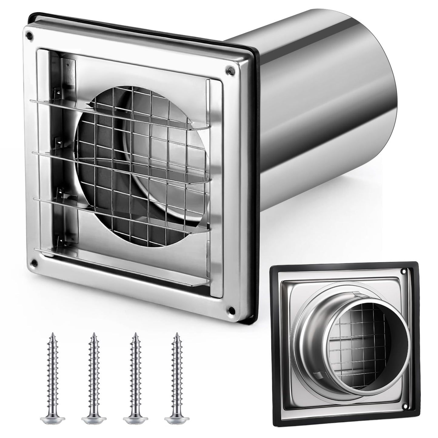 Glooglitter 4'' Dryer Vent Cover Outside Wall Stainless Steel Dryer Vent Cover Kit, Built-in Mesh, with 8 Inch Removable Extension Pipe and 4 Pcs Screws, for House Outdoor Extended Air Pipe