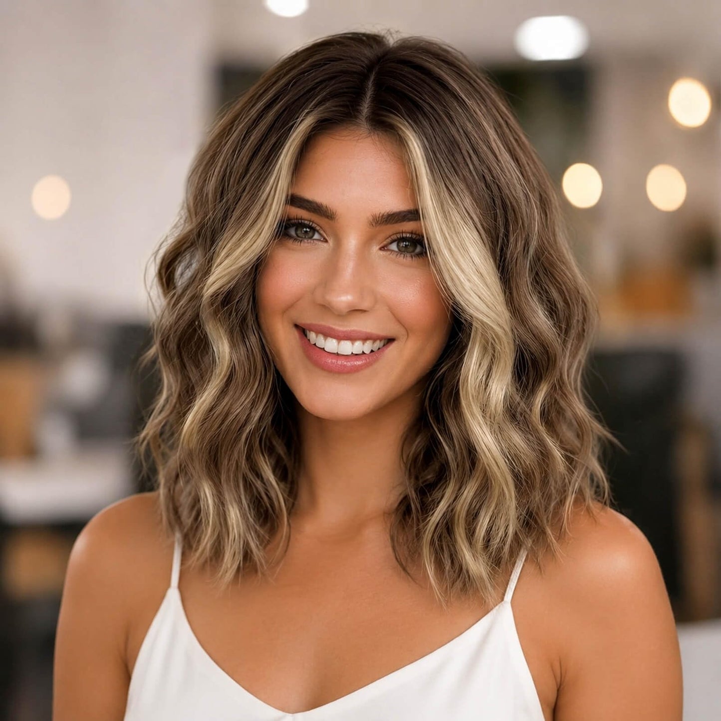 Eawwii Ombre Light Brown With Blonde Short Wavy Wig for Women Lace Hairline Bob Style Synthetic Heat Resistant - Natural Appearance for Everyday Hairstyle 14 Inch