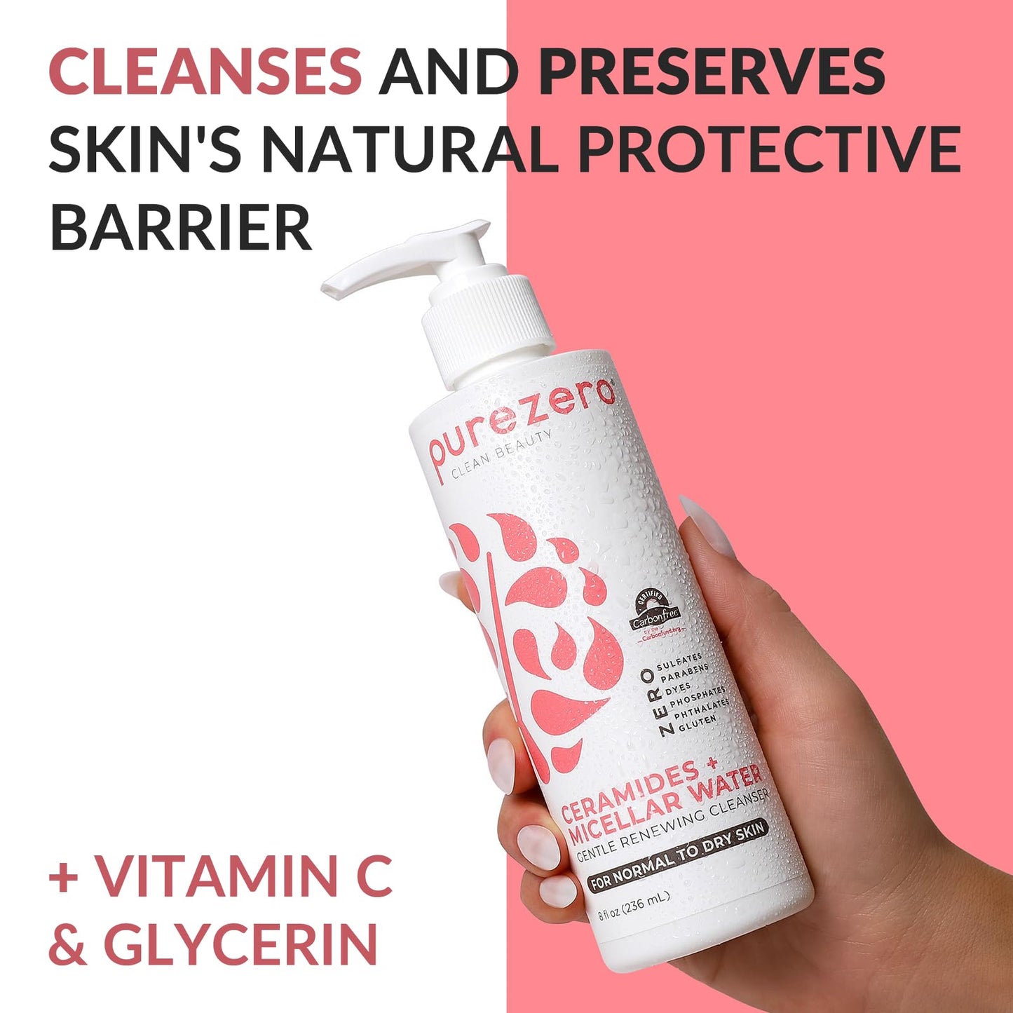 Purezero Hydrating Gentle Face Cleanser – Hyaluronic Acid Gentle Moisturizing Cleanser + Ceramides, Micellar Water, Fragrance-Free, Zero Sulfates, Parabens, Vegan & Cruelty-Free, 8 oz