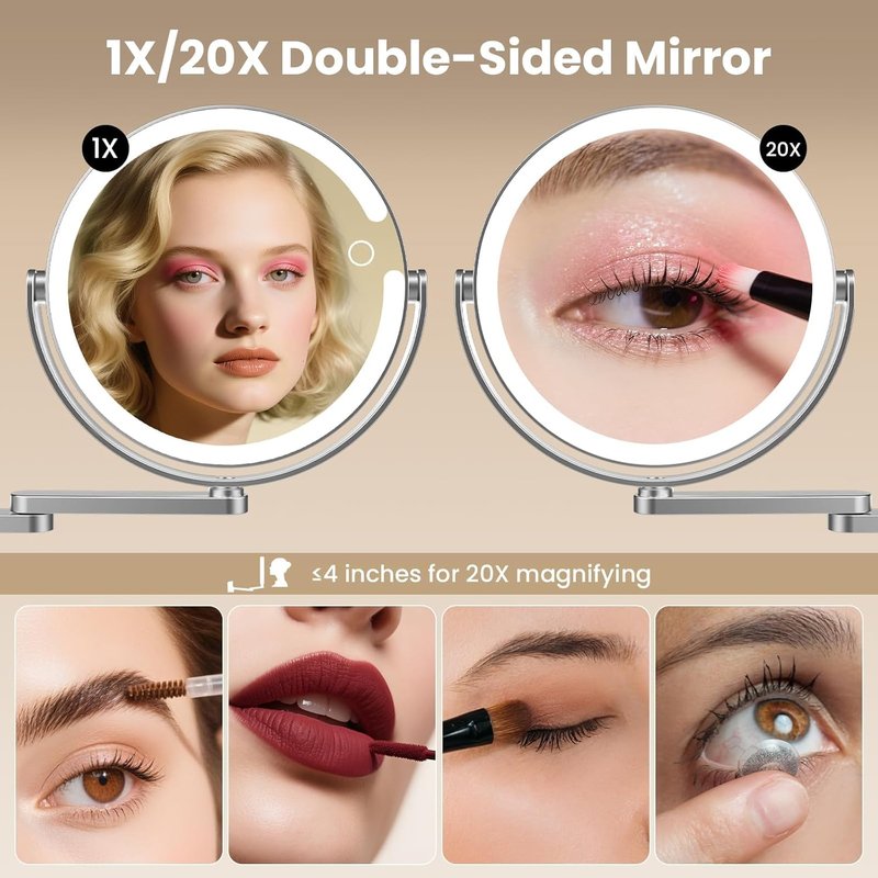 Wall Mounted Makeup Mirror with Lights - 8-Inch 20X/1X Magnification, Rechargeable LED, 360° Swivel & Extendable Arm