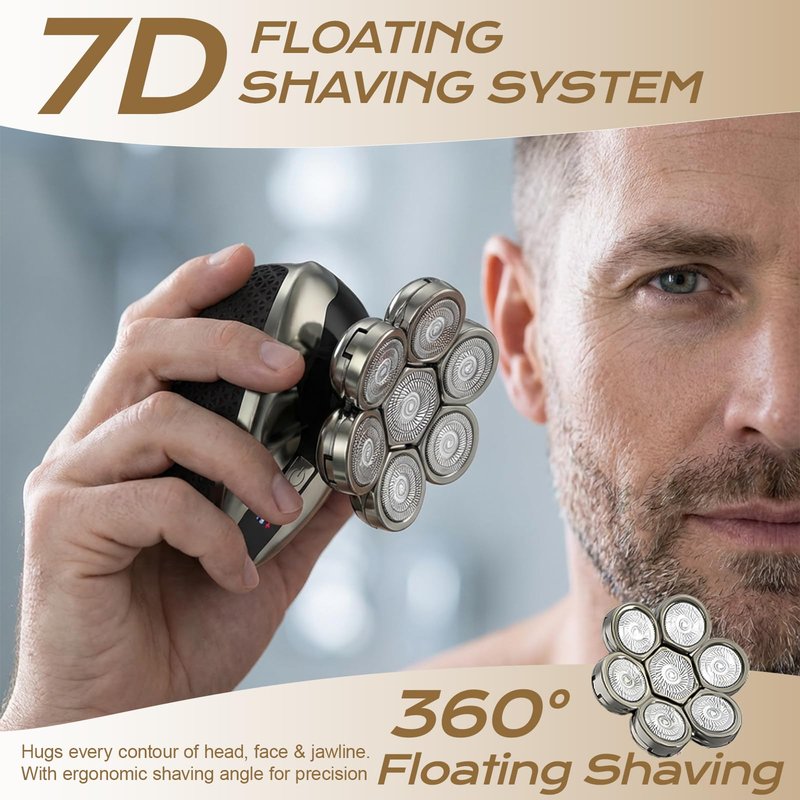 7D Head Shavers for Bald Men, Water Proof Electric Razor for Men with LED Display, Detachable Wet/Dry Anti-Pinch Head Shavers, Shaving Grooming Kit for Balder, Perfect for Home & Travel(Black)