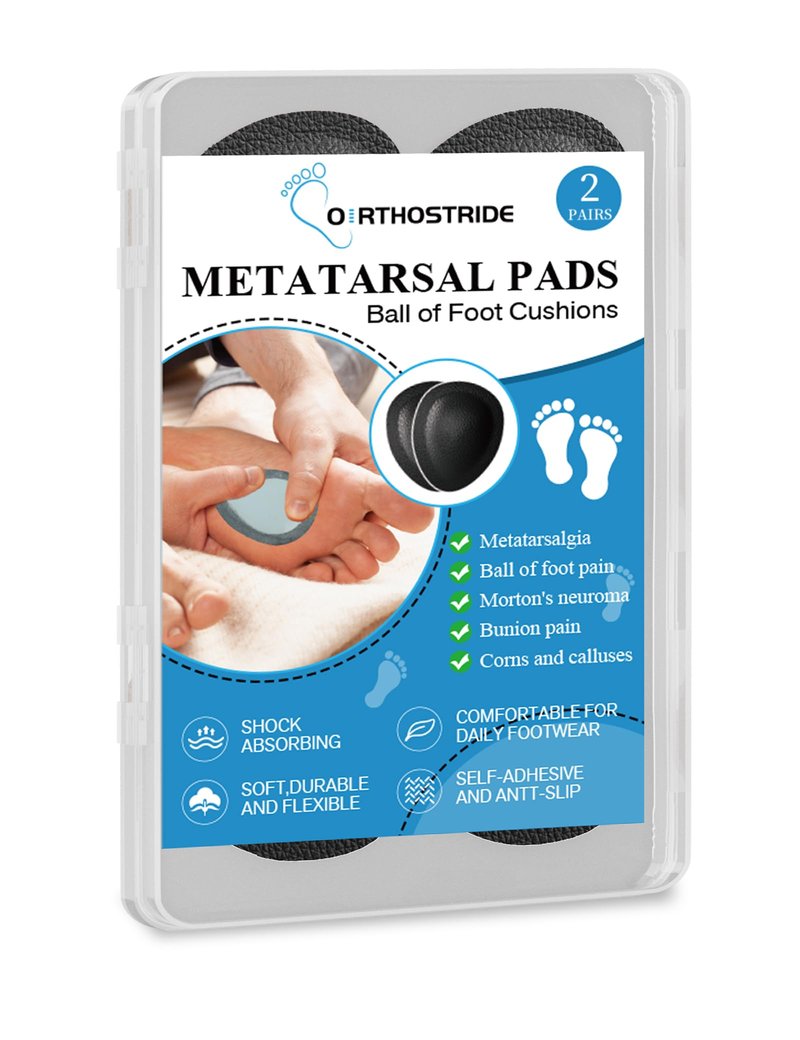 Orthostride Metatarsal Pads for Men, Ball of Foot Cushions for Pain Relief, Comfortable Forefoot Support for Metatarsalgia and Morton's Neuroma, 1/3 Inch Thick Self-Adhesive Foot Pads, 2 Pairs L