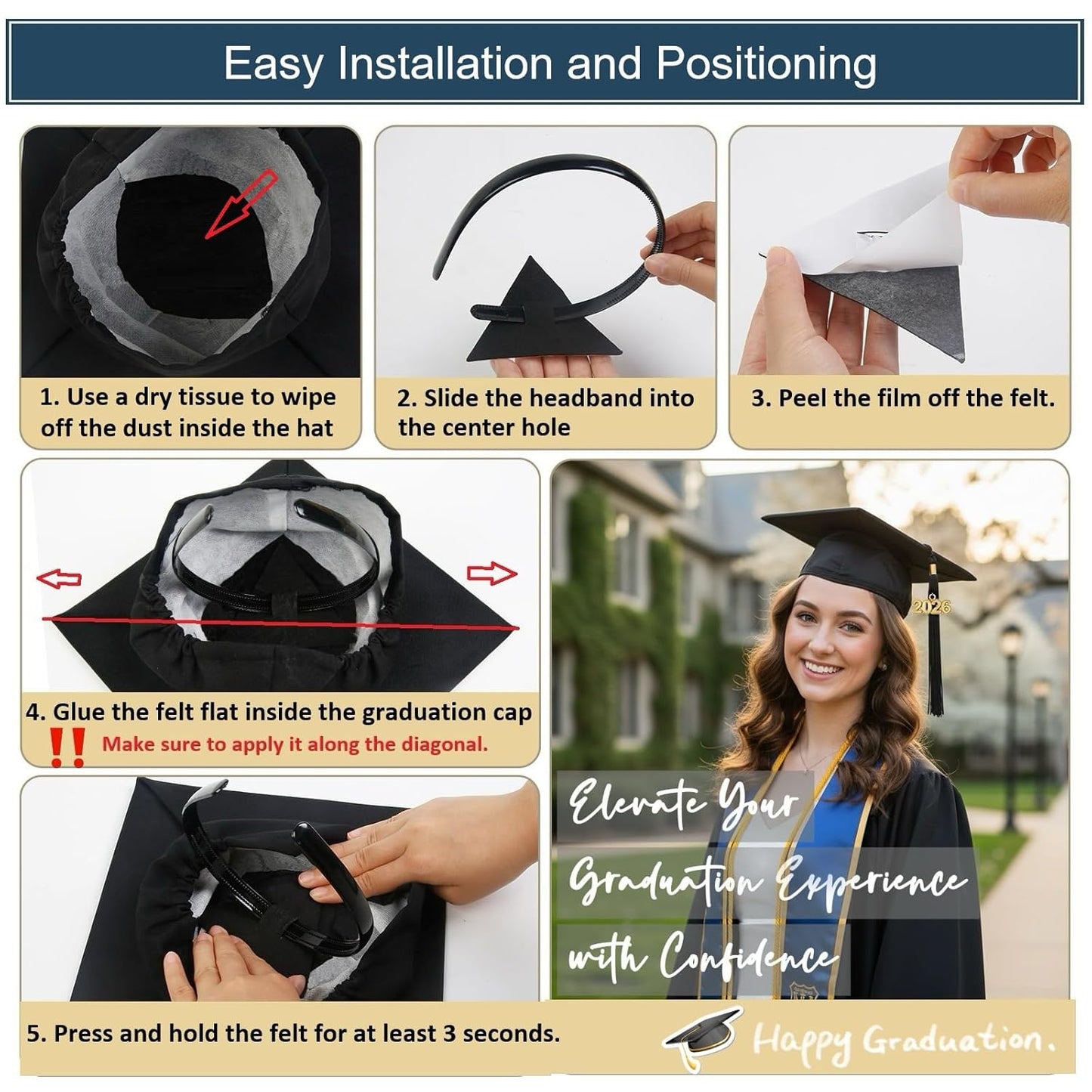 Graduation Cap Headband Insert - Secure Fit for Curly & Thick Hair | No-Slip Design, Black