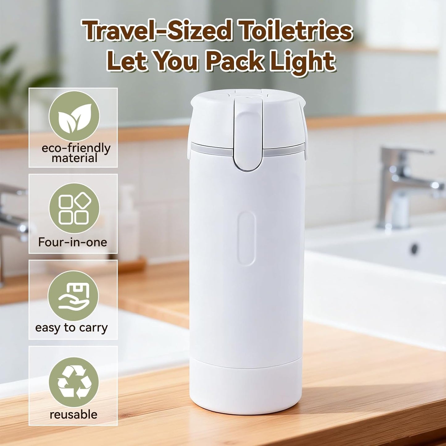Travel Shampoo and Conditioner Dispenser - 4 in 1 Refillable Leak-Proof Toiletry Bottles | 120ML White