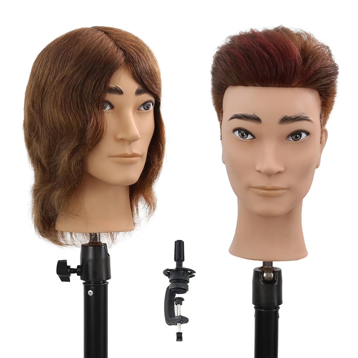 Male Mannequin Head - 14” Barber Training Head with 100% Human Hair | Dark Brown Hairdresser Manikin for Styling Practice