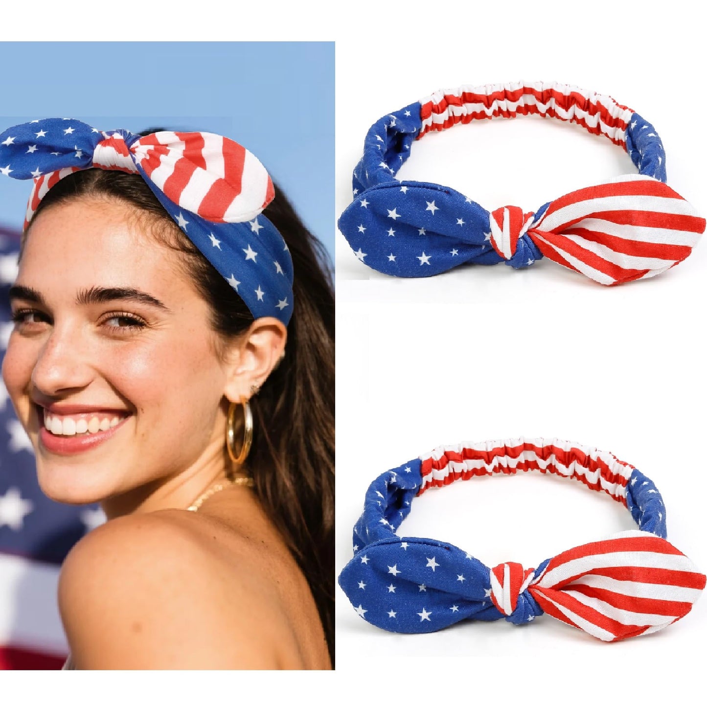 Huachi 4th of July Headband for Women with Bow, American Flag Headbands USA Patriotic Hair Accessories, Cute Red White and Blue Bow Headbands 2PCS