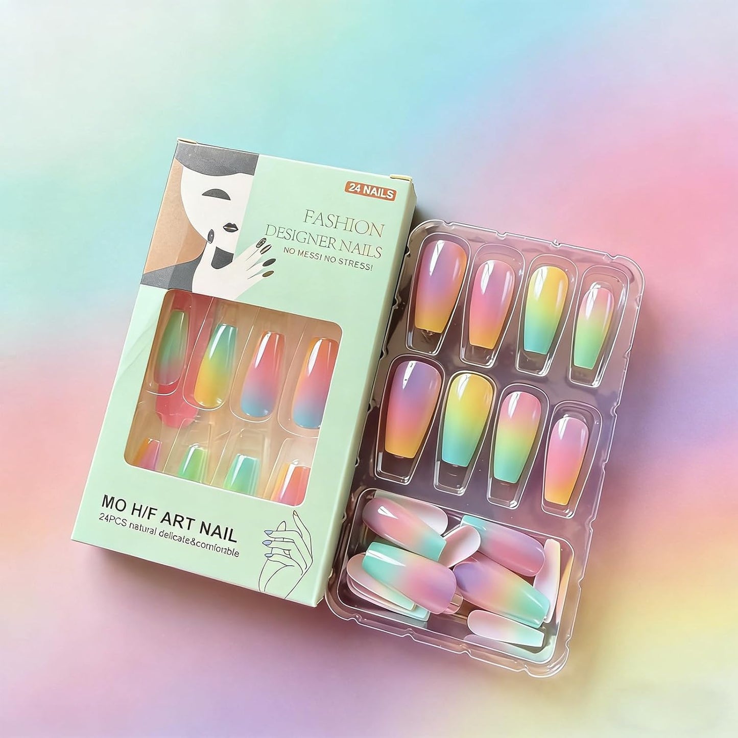 Dreamy Rainbow Aurora Press-On Nails - Medium Coffin Shape | 24 Pcs Reusable Glossy Full Cover Fake Nails for Women
