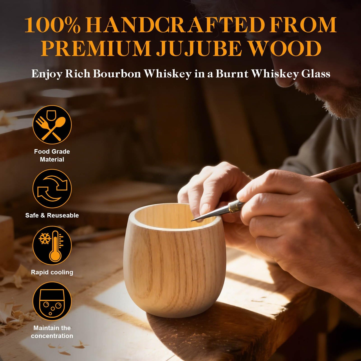 Fathers Day Birthday Gifts for Husband Dad Grandpa, Personalized Gifts for Men, Initial Charred Wooden Bourbon Drinking Glass & Whiskey Glasses Gift, Birthday Gift for Men Dad Husband Brother Him (J)