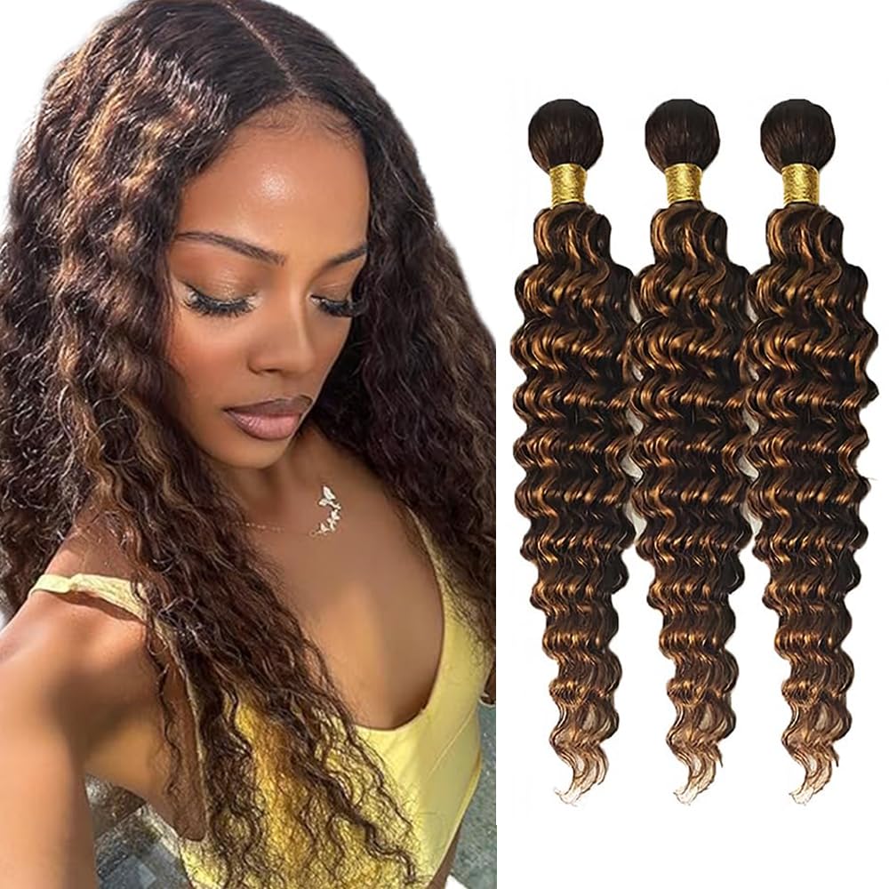 Freiuoke Color 30 Human Hair Bundles 4/30 Deep Wave Bundle 26 28 30 Inch Brazilian Virgin Hair 3 Bundles Highlight Bundle Human Hair Extensions