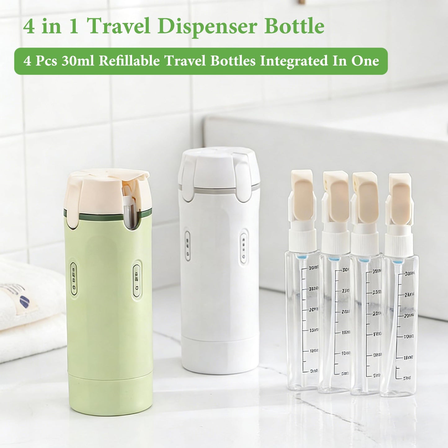 4 in 1 Travel Dispenser Bottle - 4 Pcs 30ml Refillable Travel Bottles Integrated Into One Space-Saving Kit,Portable Size Toiletries Leakproof Containers for Shampoo, Lotion & Cream,Travel Essentials