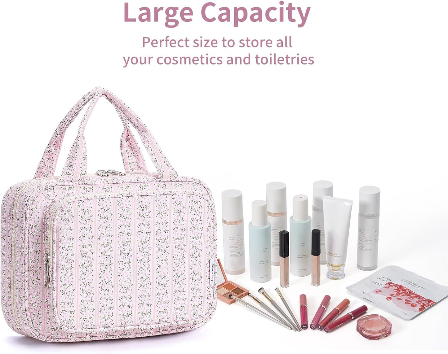 Narwey Hanging Toiletry Bag - Travel Makeup Organizer for Women | Medium Pink Flower Design
