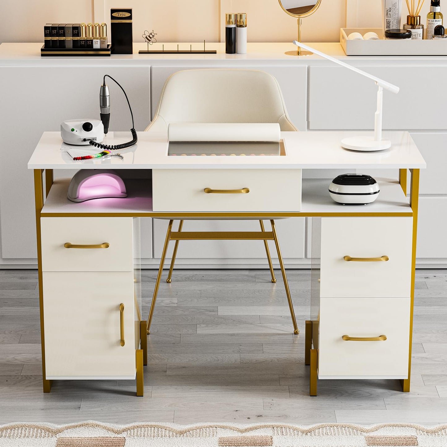 Belandi Manicure Table for Nail Tech, Modern High Glossy Nail Desk w/Metal Frame, Nail Station w/4Drawers & 2 Cabinets, Acetone-Resistant Salon Beauty Workstation (White)