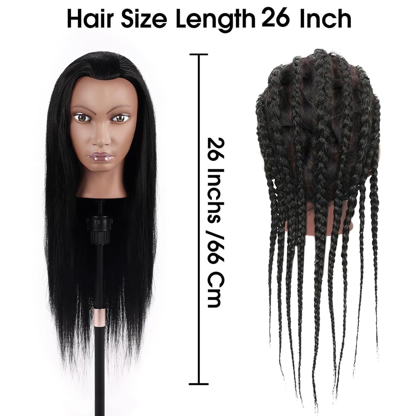 100% Real Hair Mannequin Head,TopDirect 26''Black Hairdresser Cosmetology Doll Head Styling,Manikin Heads Hairs Braiding DIY Styling with Clamp Holder and Tools Set