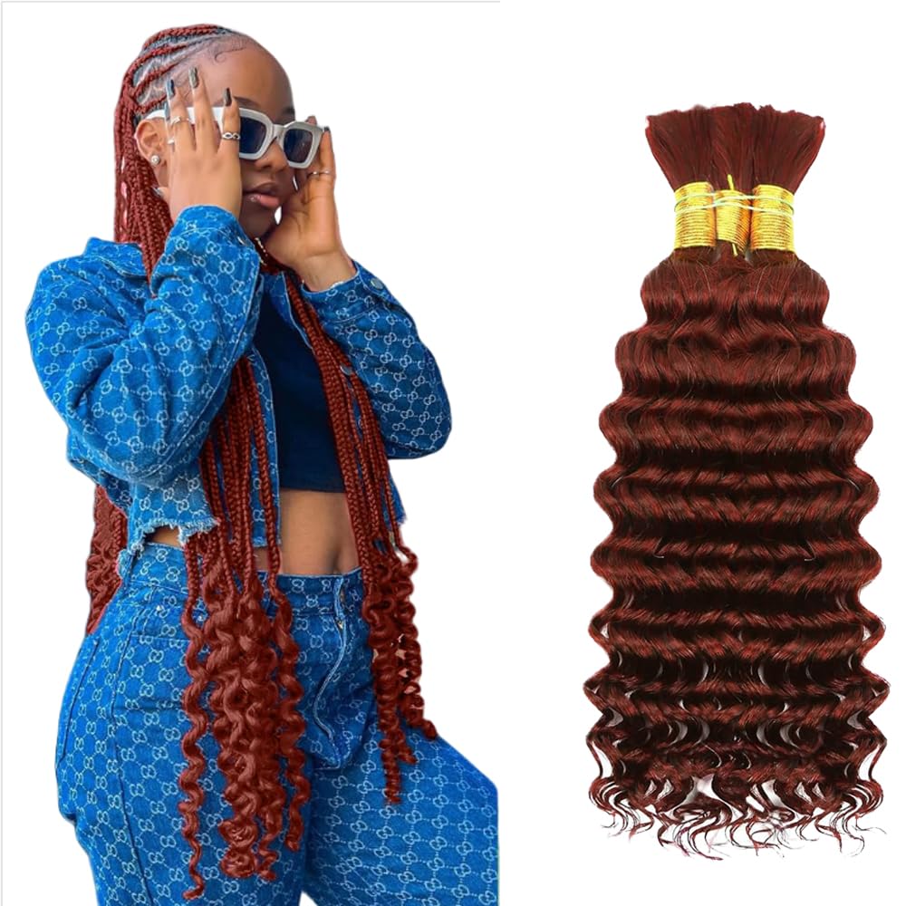 #33 Light Brown Human Hair Braiding Hair For Boho Braids 34 34 34 Inch Brown Deep Wave Bulk Human Hair Unprocessed Brazilian Virgin Hair 3 Bundle 50 Gram Per Bundle No Weft Extensions