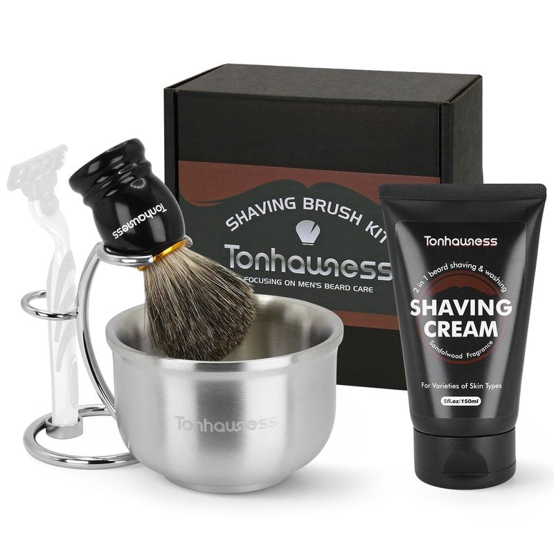 Shaving Brushes Kit For Men, 4 In 1 Shaving Brush Set Includes Nylon Bristle Shaving Brush, Sandalwood Shaving Cream, Stainless Steel Shaving Bowl and Stand (Nylon Bristle with Cream)