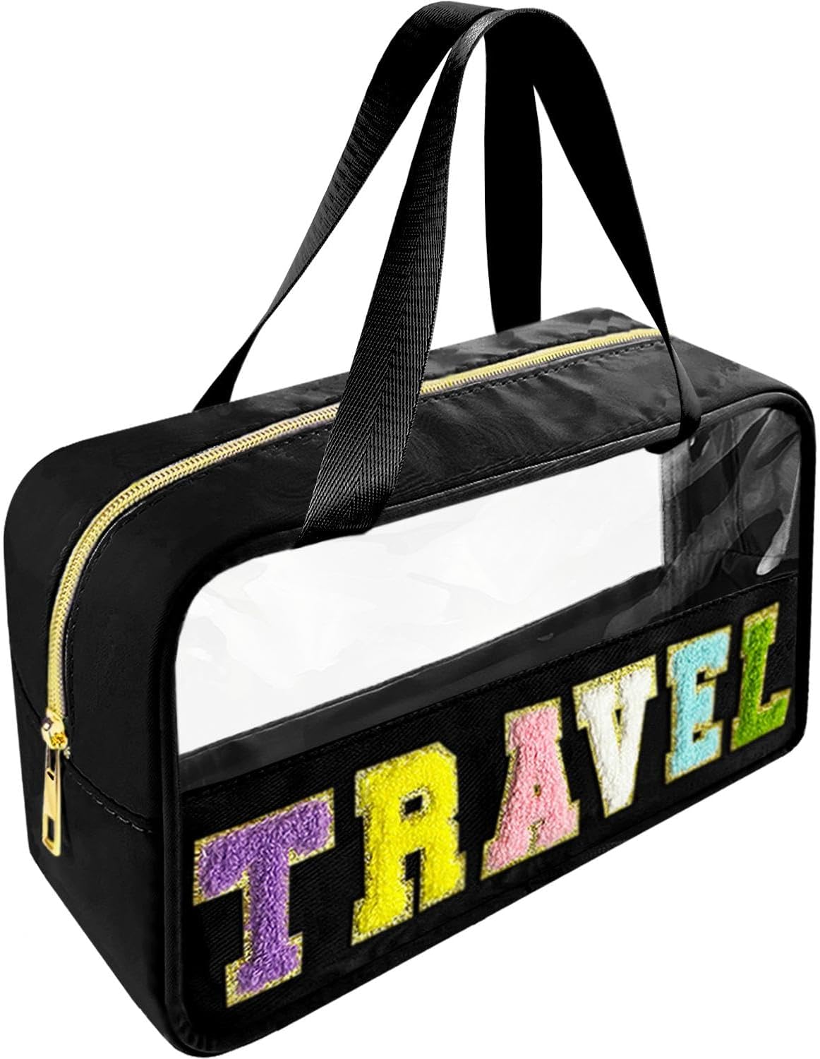 Chenille Letter Clear Makeup Bag - Waterproof Travel Toiletry Bag with Handle | Preppy Dance Patch Design (Black)