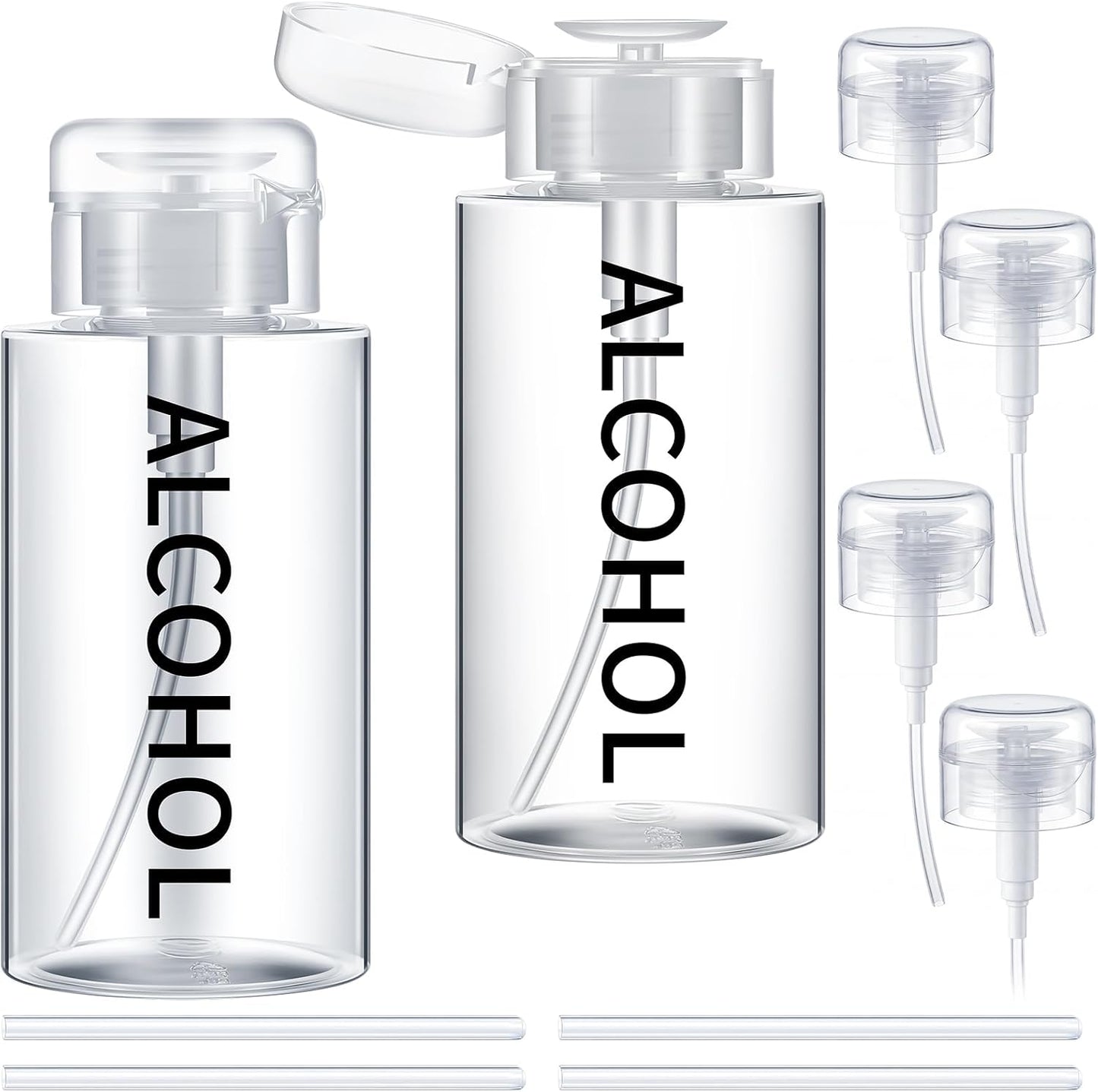 Alcohol Pump Dispenser Bottle - 10 oz Refillable Liquid Container | 2 Pcs with 4 Extra Pump Heads for Salon & Personal Use