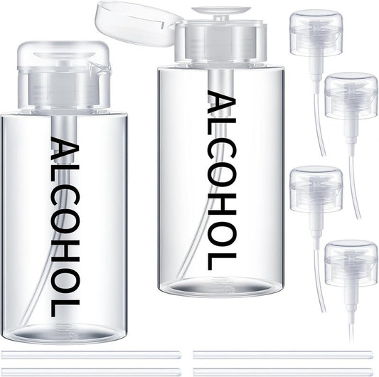 Alcohol Pump Dispenser Bottle - 10 oz Refillable Liquid Container | 2 Pcs with 4 Extra Pump Heads for Salon & Personal Use