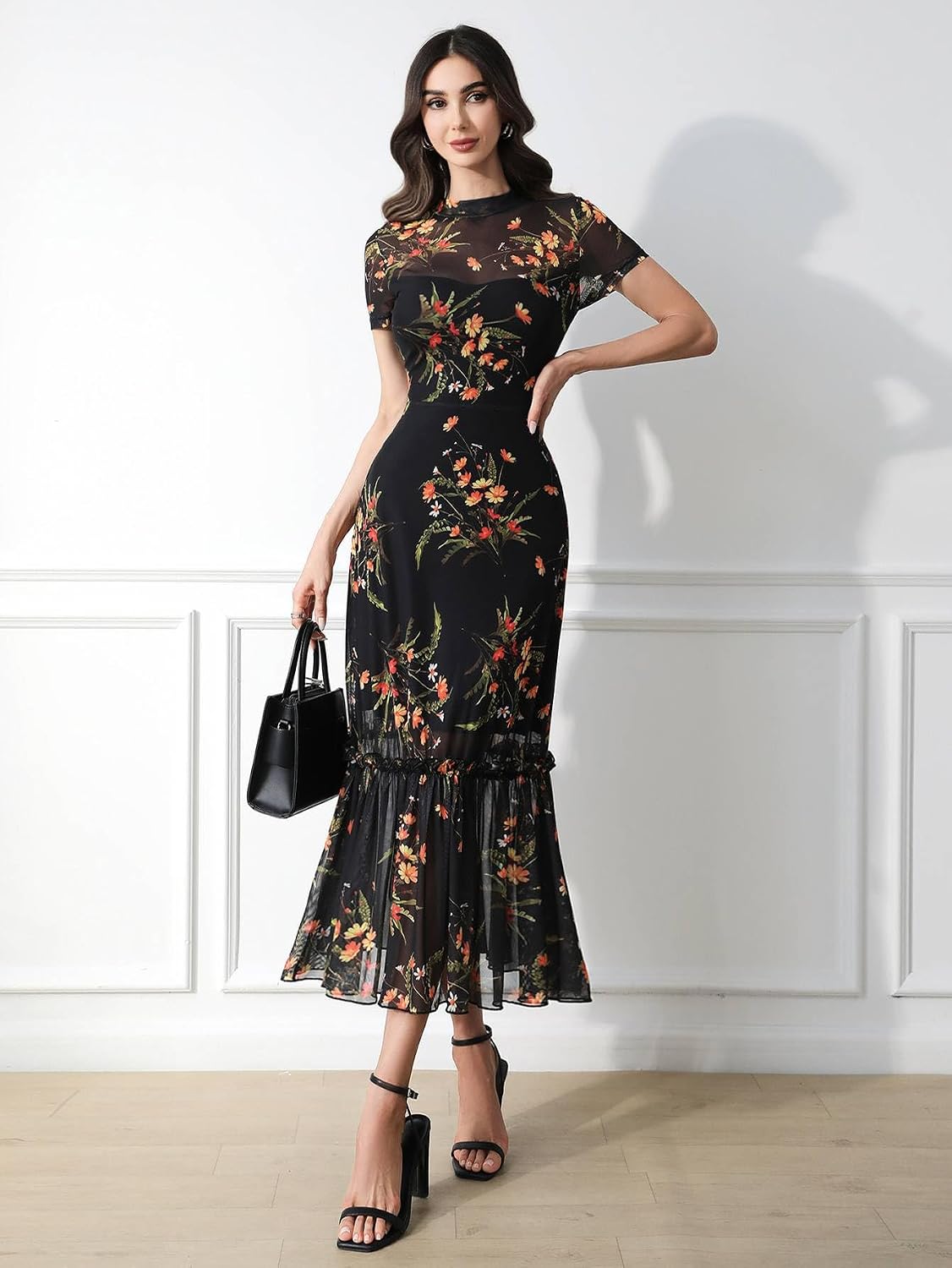 Floral Mesh Ruffle Maxi Dress for Women - Casual Summer Wedding Guest Dress | Short Sleeve, Waist-Cinched