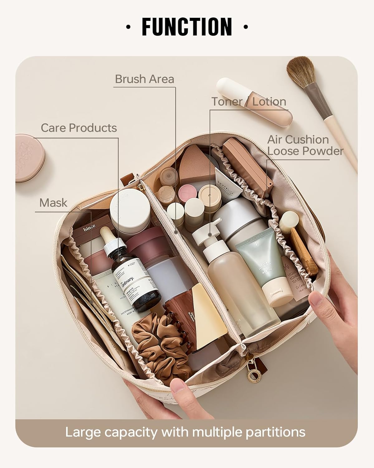 Travel Makeup Bag - Large Capacity Waterproof Cosmetic Pouch | Open Flat Design (F-Beige)