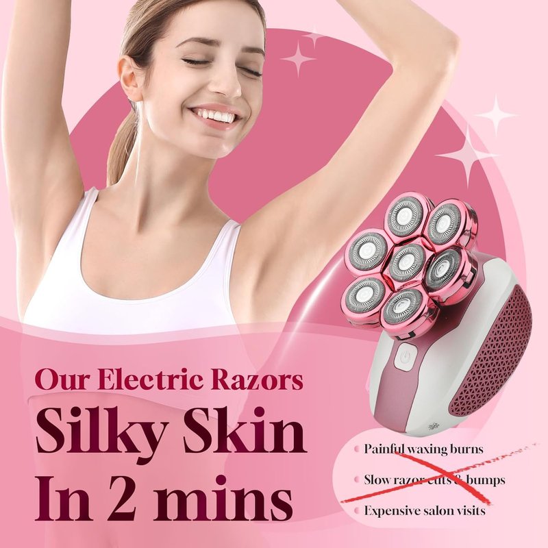 Electric Shaver for Women Legs, IPX7 Waterproof Rechargeable Body Razors with 7-Blade, Facial Hair Remover, Nose Trimmer & Cleansing Brush, Wet/Dry Lady Bikini Trimmer Grooming Kit Gift for Her
